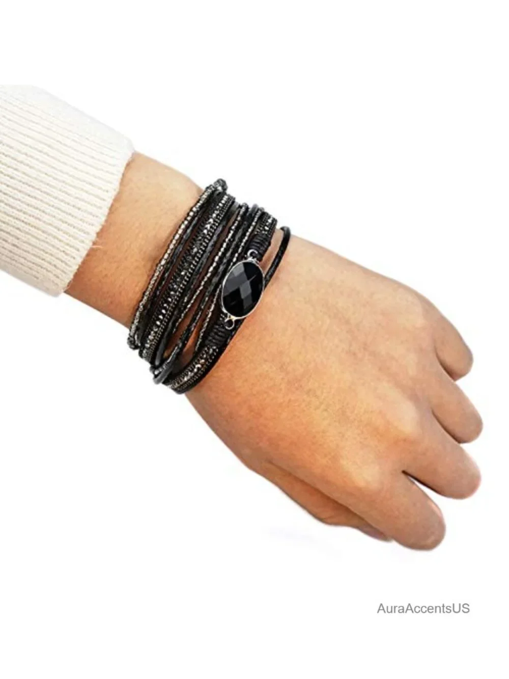 Multilayered Leather Wrap Bracelet with Magnetic Buckle, Braided Bangle Cuff